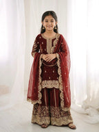 Maroon Mother-Daughter Fandy Silk Embroidery Sharara Set