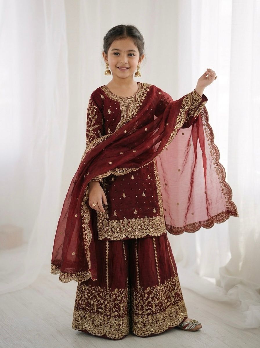 Maroon Mother-Daughter Fandy Silk Embroidery Sharara Set