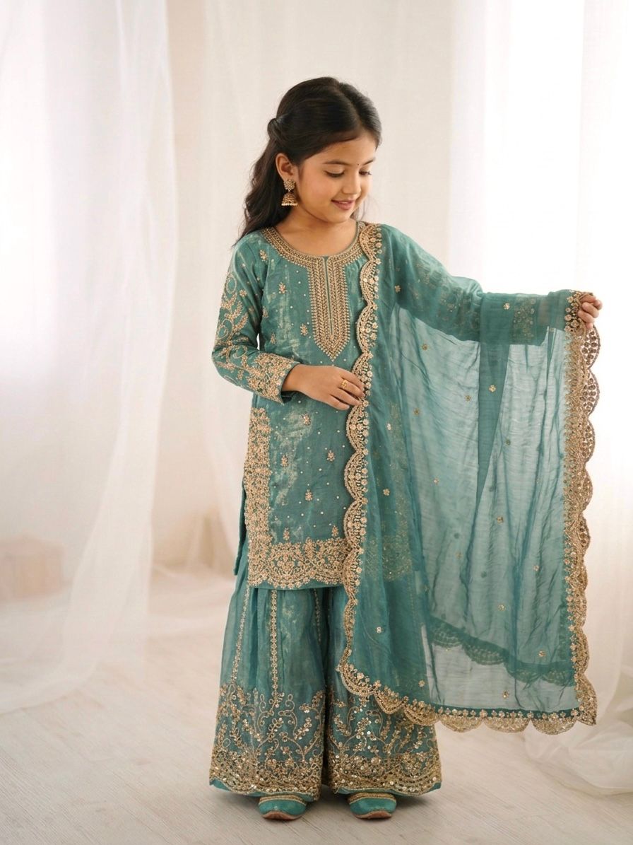 Sea Green Mother-Daughter Fandy Silk Embroidery Sharara Set