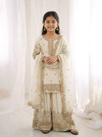 White Fandy Silk Embroidery Kid's Sharara Set
