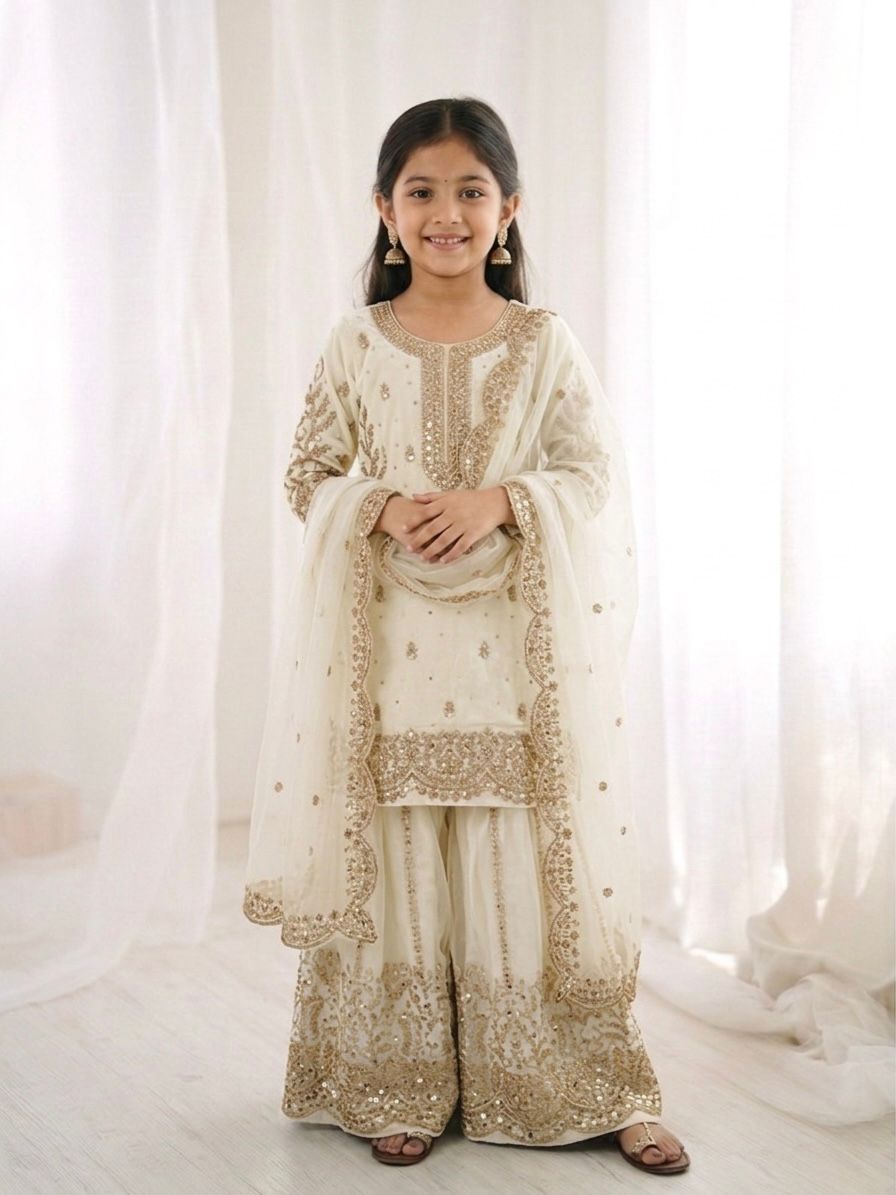 White Fandy Silk Embroidery Kid's Sharara Set