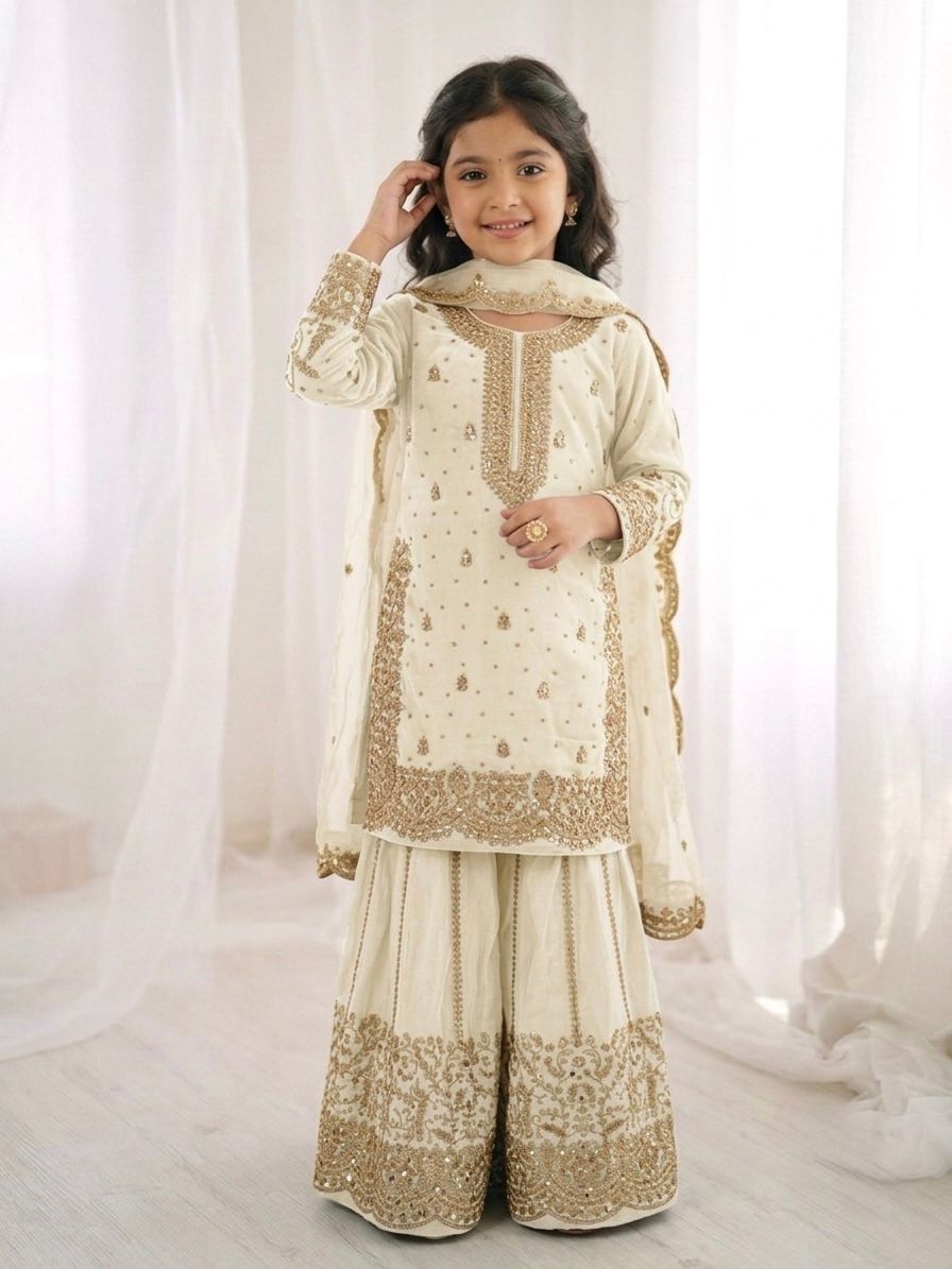 White Fandy Silk Embroidery Kid's Sharara Set