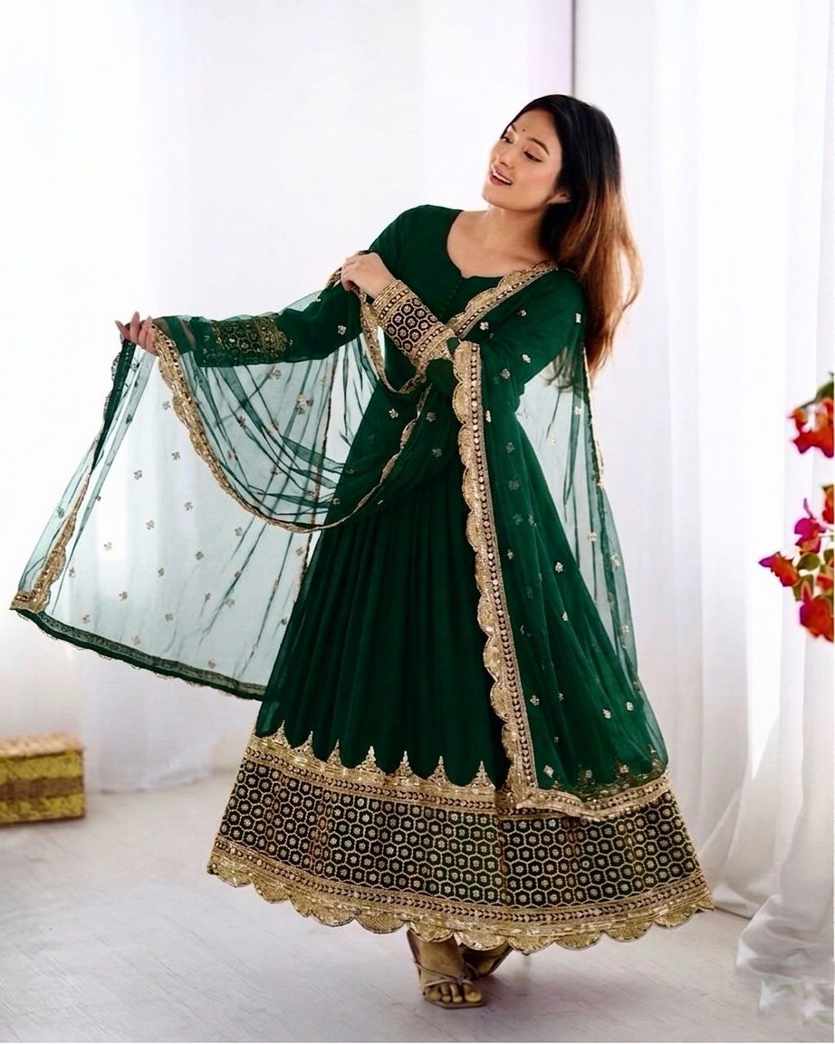 Green Embroidered Sequence Work Anarkali