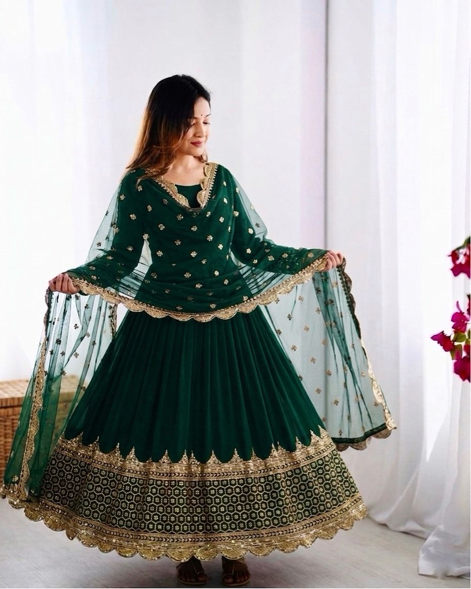 Green Embroidered Sequence Work Anarkali