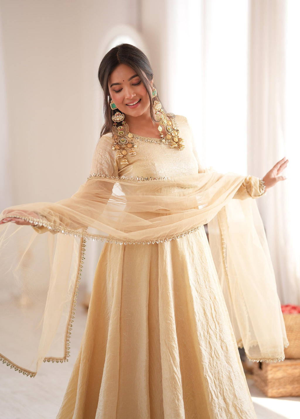 Noor Crush Fabric WIth Mirror work Lace Border Elegance Anarkali Set