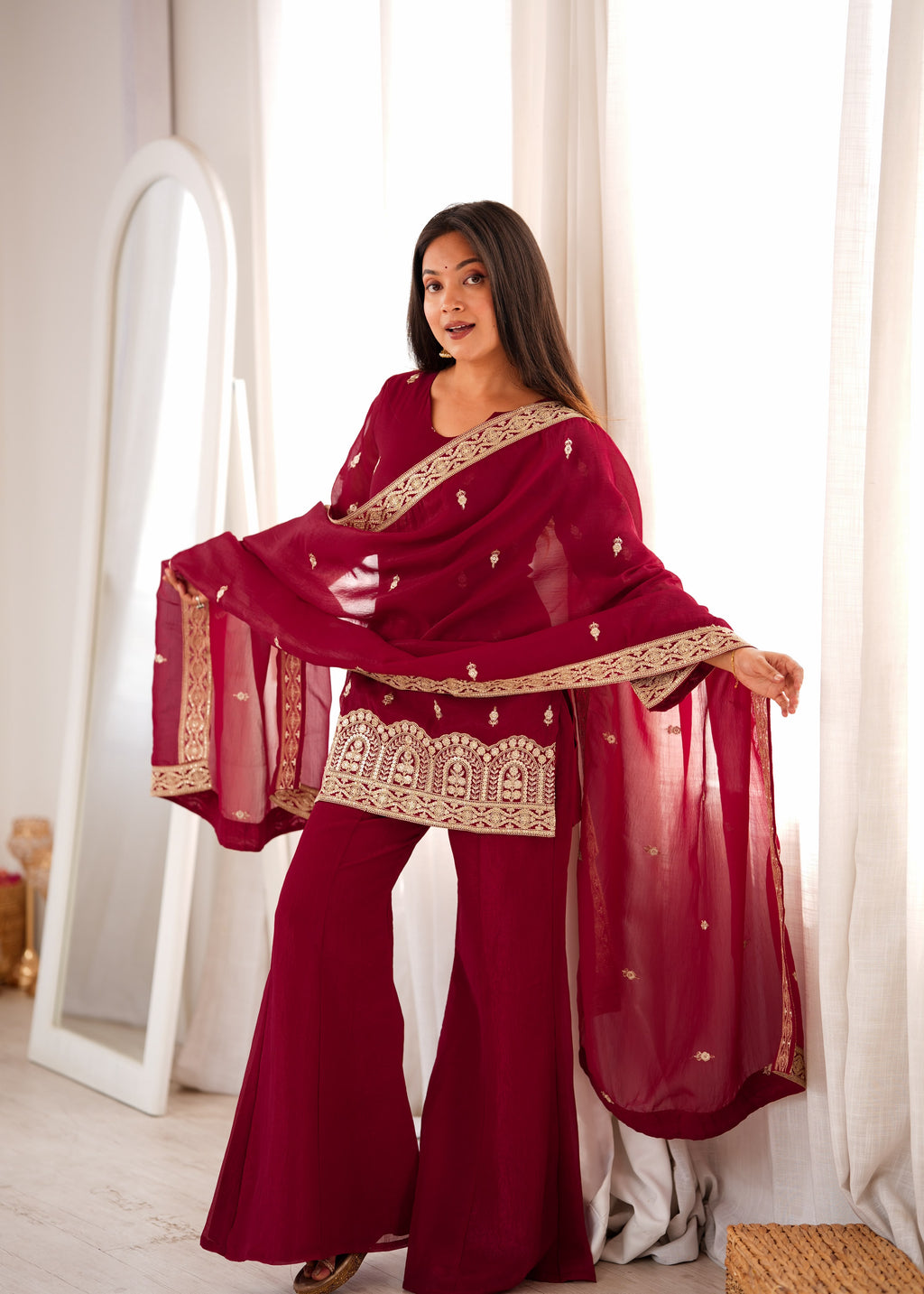 Premium Maroon Embroidered Kurta Set for Women with Palazzo & Dupatta
