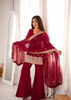 Premium Maroon Embroidered Kurta Set for Women with Palazzo & Dupatta