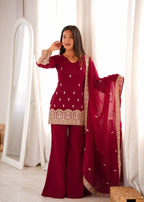 Premium Maroon Embroidered Kurta Set for Women with Palazzo & Dupatta