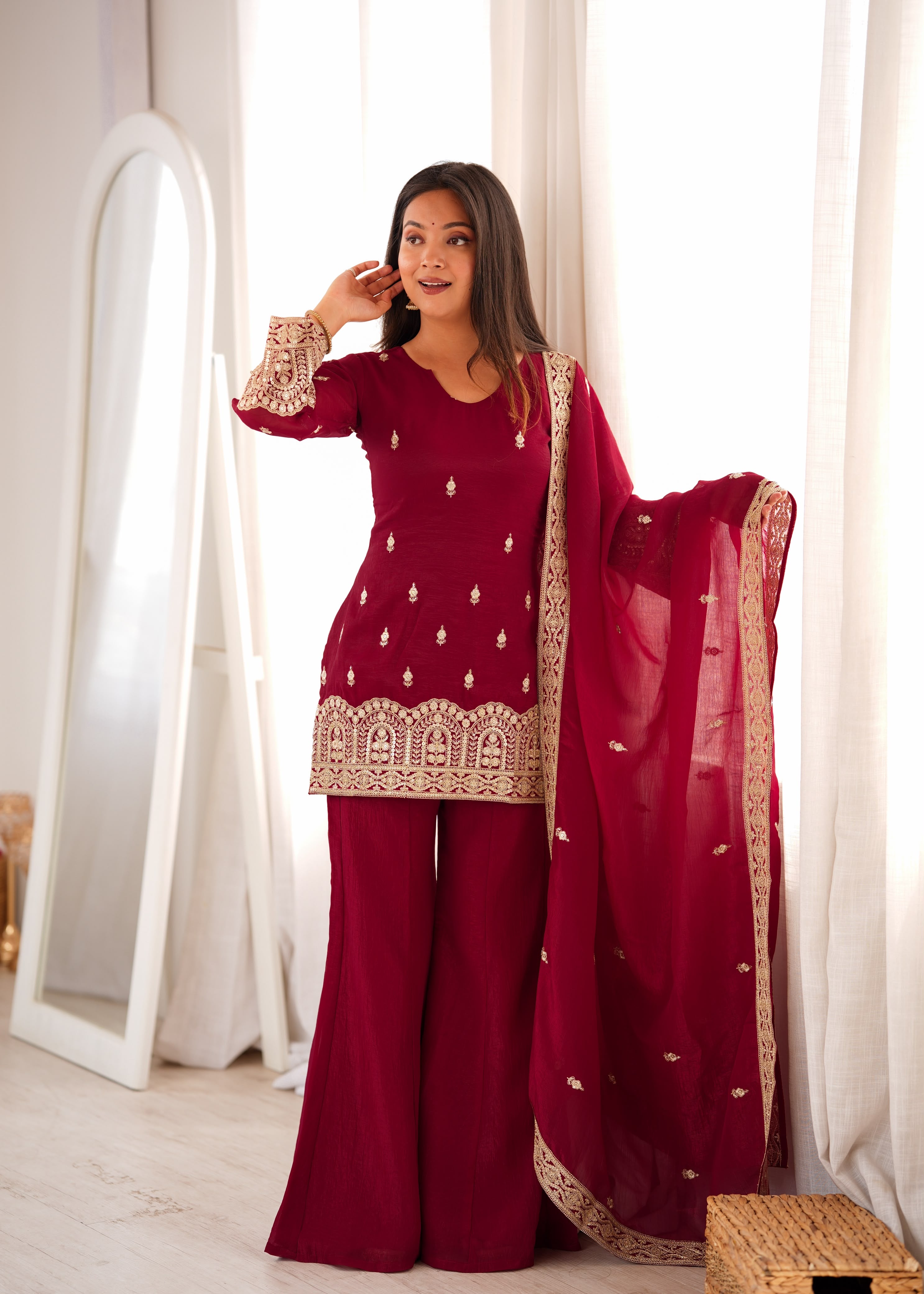 Premium Maroon Embroidered Kurta Set for Women with Palazzo & Dupatta