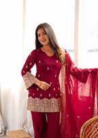 Premium Maroon Embroidered Kurta Set for Women with Palazzo & Dupatta