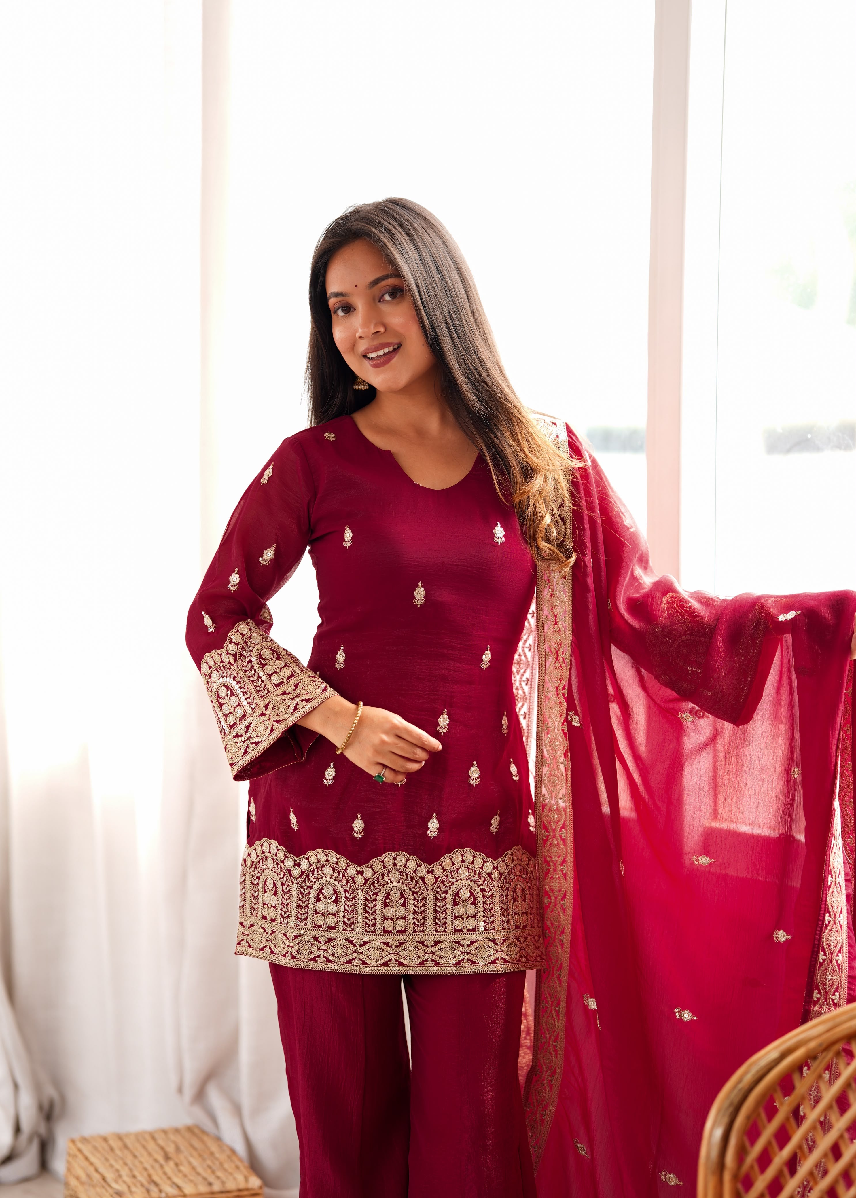Premium Maroon Embroidered Kurta Set for Women with Palazzo & Dupatta