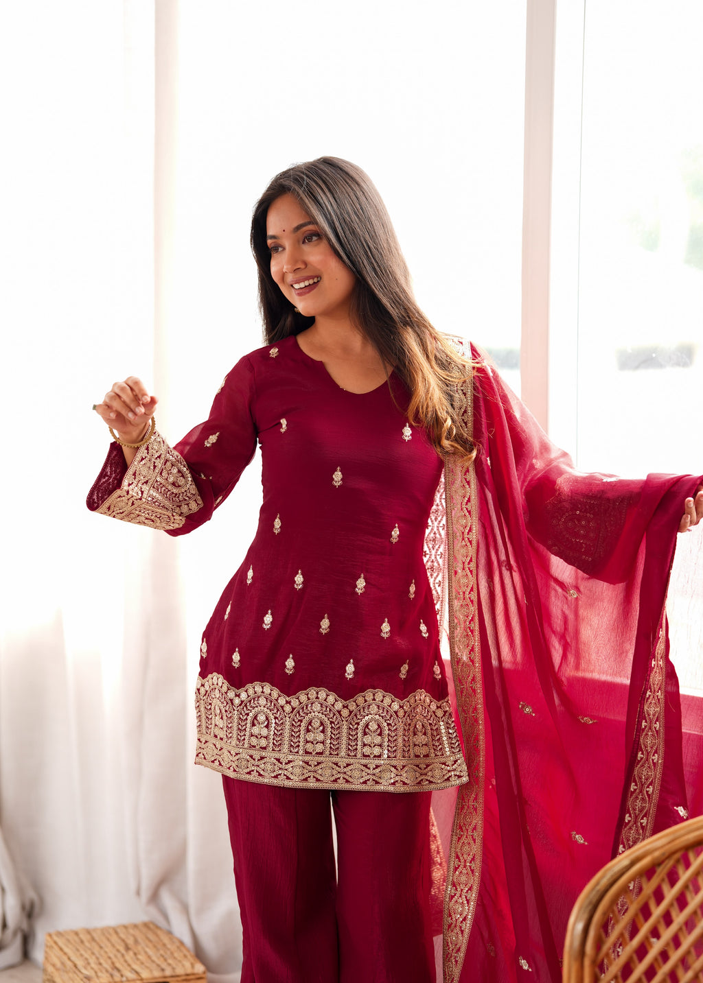 Premium Maroon Embroidered Kurta Set for Women with Palazzo & Dupatta