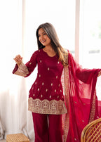 Premium Maroon Embroidered Kurta Set for Women with Palazzo & Dupatta