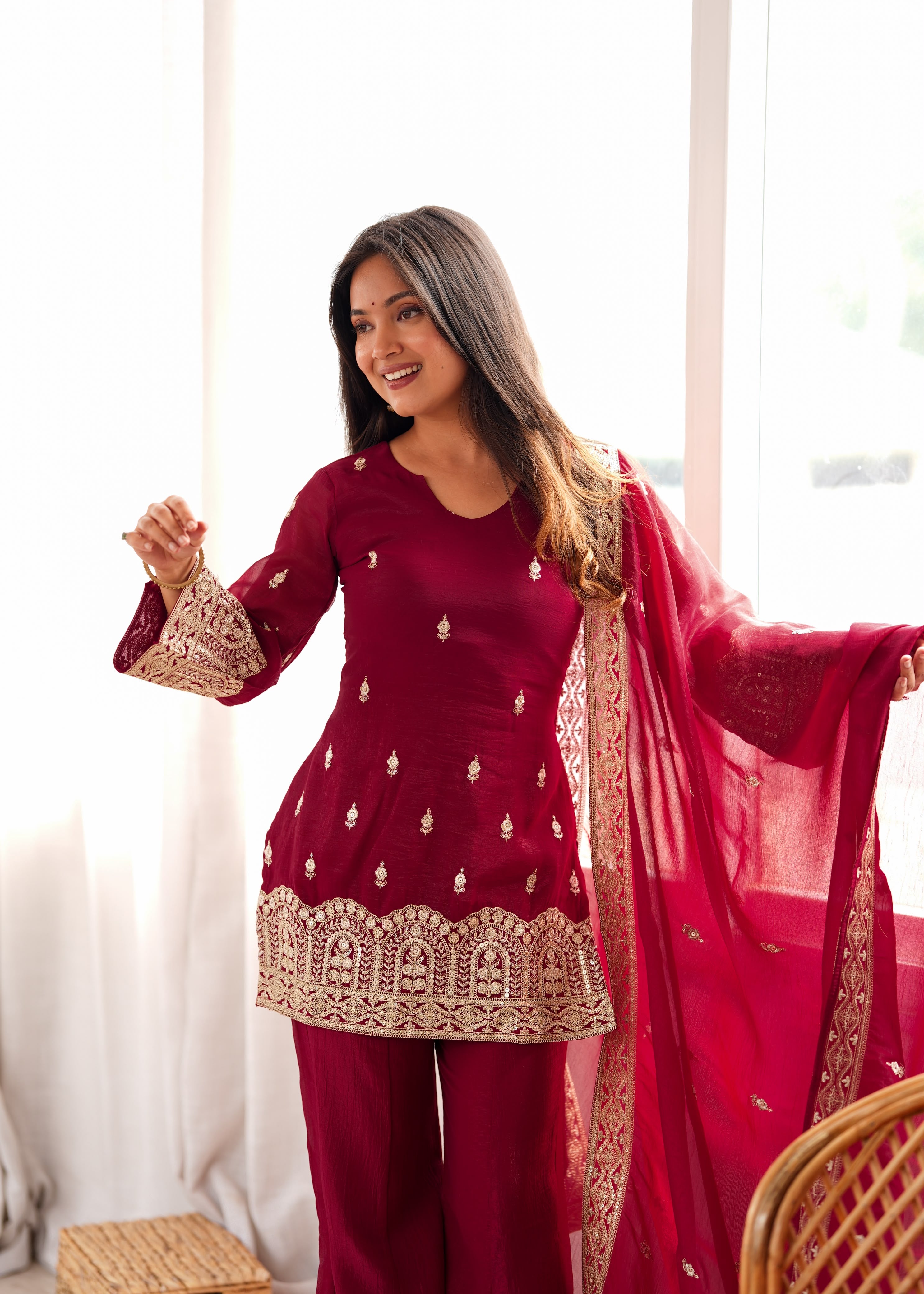 Premium Maroon Embroidered Kurta Set for Women with Palazzo & Dupatta