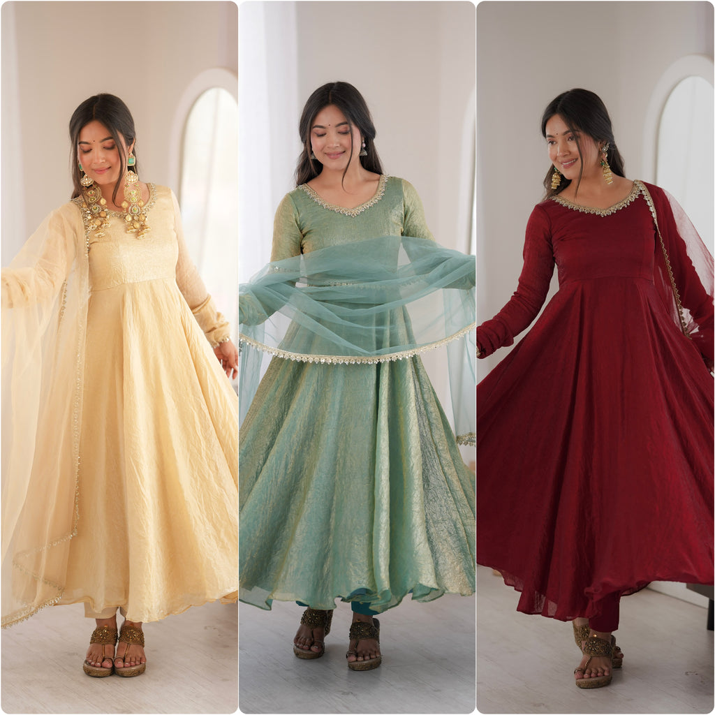 Noor Crush Fabric WIth Mirror work Lace Border Elegance Anarkali Set