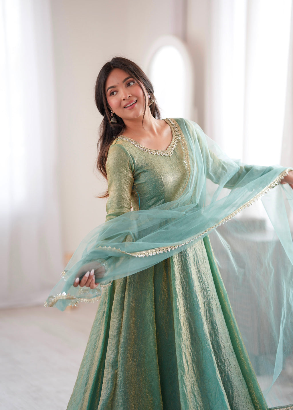 Noor Crush Fabric WIth Mirror work Lace Border Elegance Anarkali Set