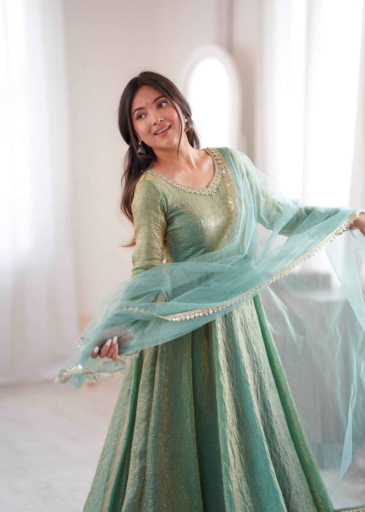 Noor Crush Fabric WIth Mirror work Lace Border Elegance Anarkali Set