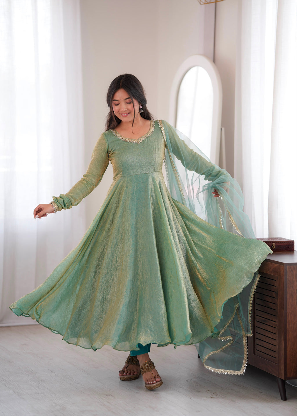 Noor Crush Fabric WIth Mirror work Lace Border Elegance Anarkali Set