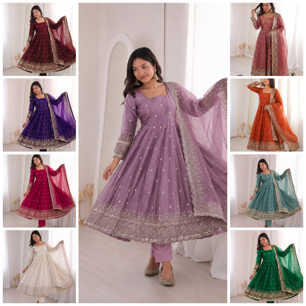 Rudhira Embroidery Sequins Fandy Silk Work Suit Set